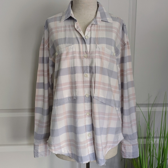 Free People Plaid Button Front Collared Oversized Pastel Purple Pink XS NWT - Picture 3 of 8